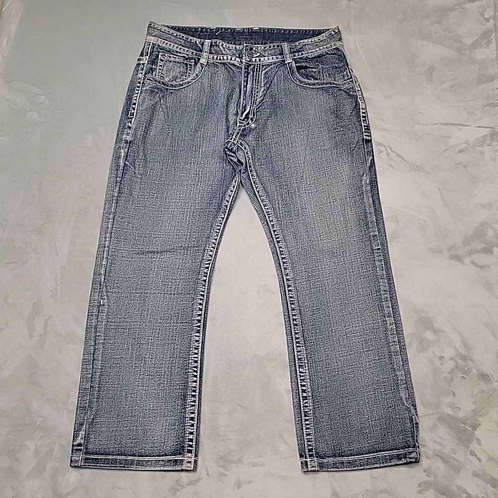 M.O. Seven Jeans Mens 38x30 Blue Slim Straight Fit Y2K Distressed Thick Stitch